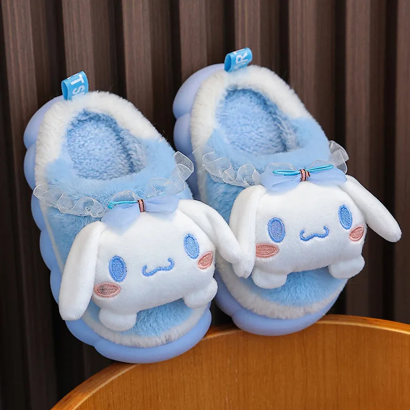 Sky blue girls 3D plush cloud slippers, high back style