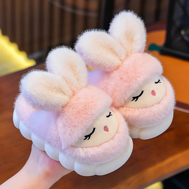 Blush pink girls bunny plush slippers with sleepy face
