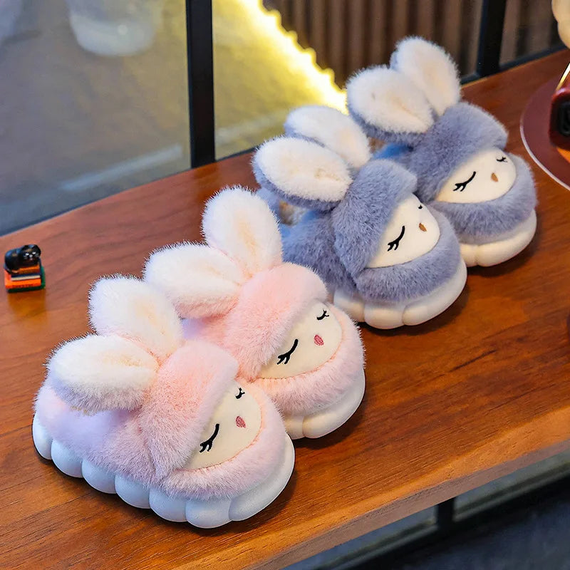 Girls bunny plush slippers with fluffy ears in blush pink and dusty blue