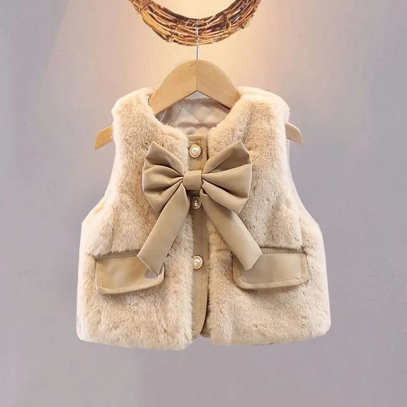 Beige girls faux fur vest with big bow and pearl buttons