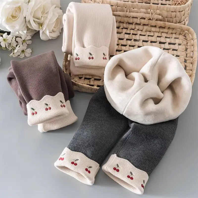 Cream, mocha brown and charcoal gray girls fleece-lined leggings