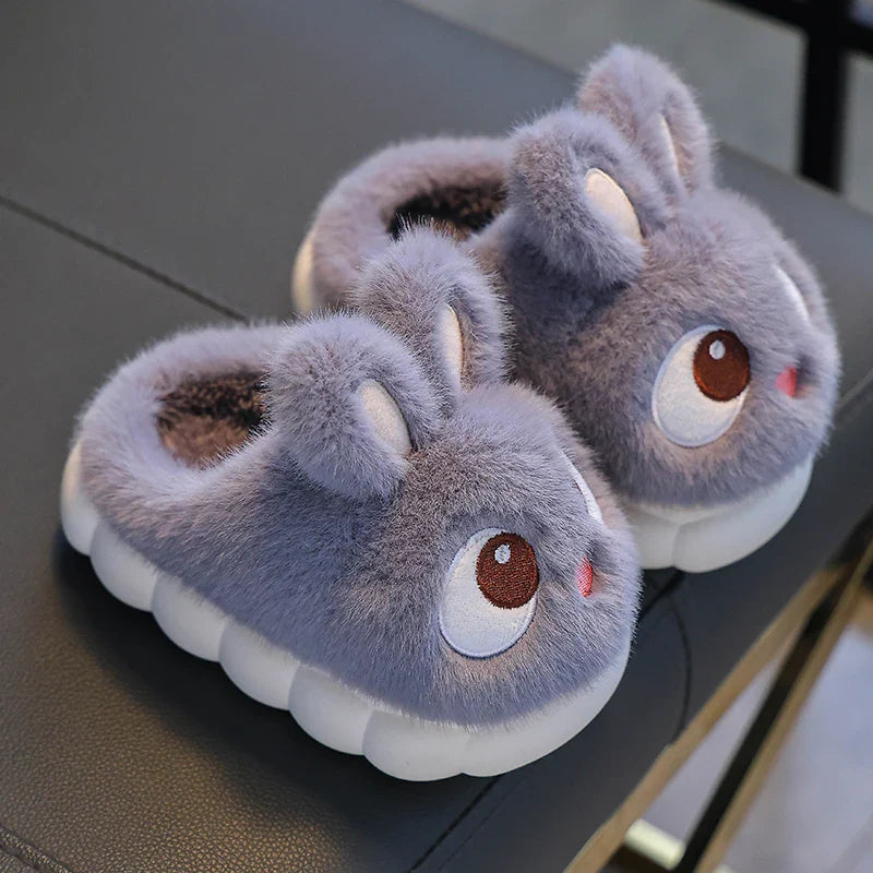 Fluffy bunny clog slippers for girls in dove gray with plush lining