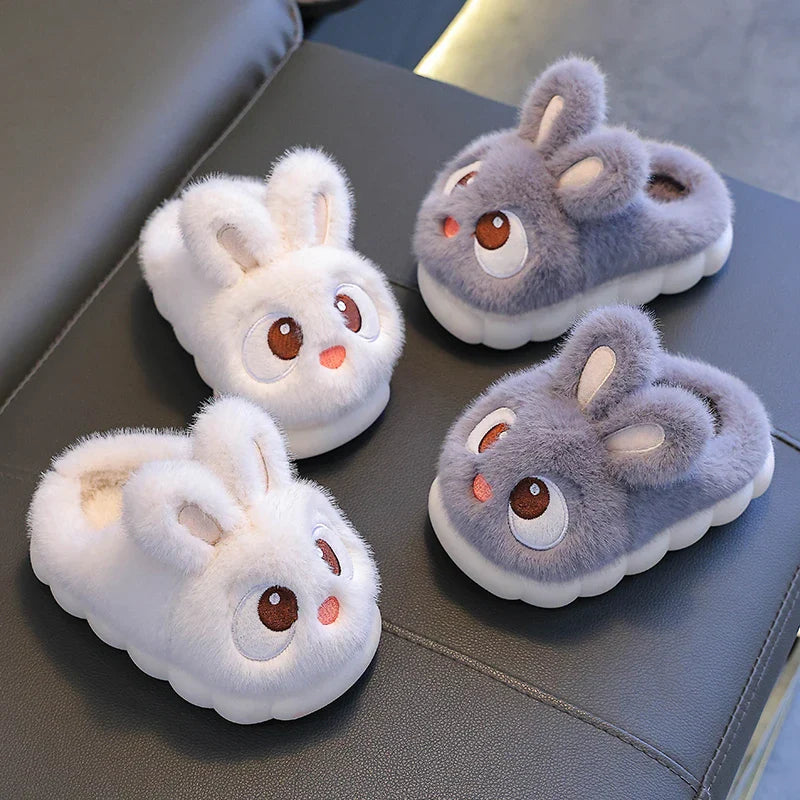 Fluffy bunny plush slippers for kids in cloud white and dove gray
