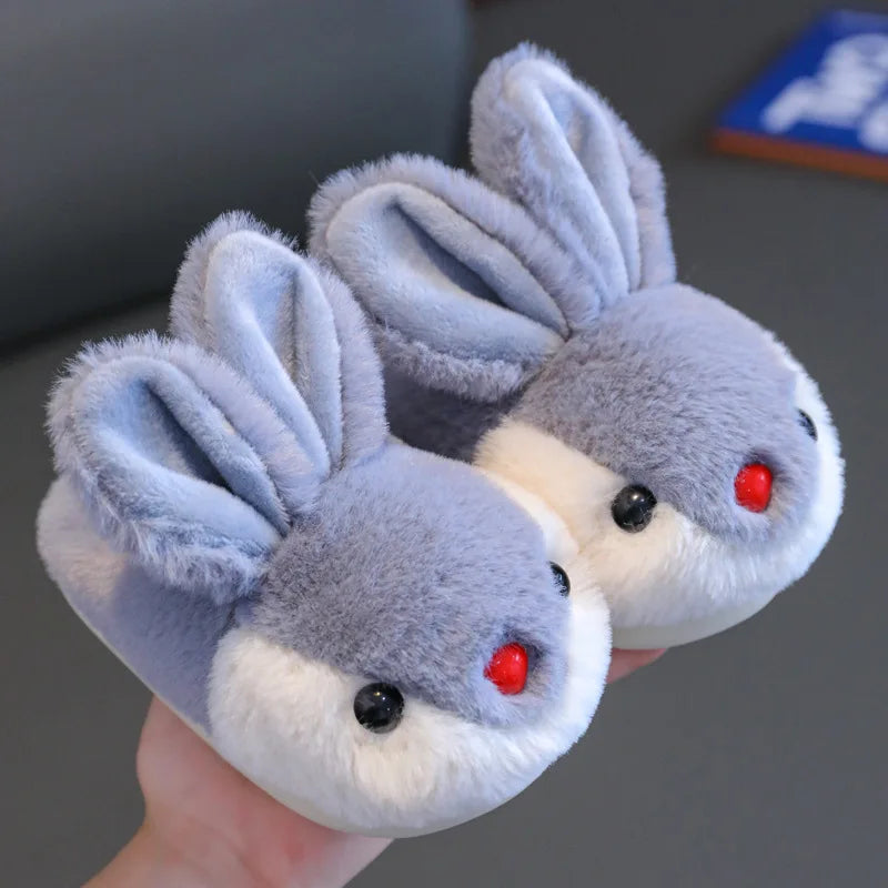 Dusty blue girls fluffy bunny slippers with floppy ears