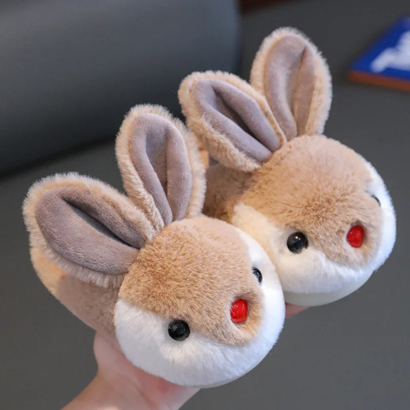 Mocha brown girls fluffy bunny slippers with floppy ears