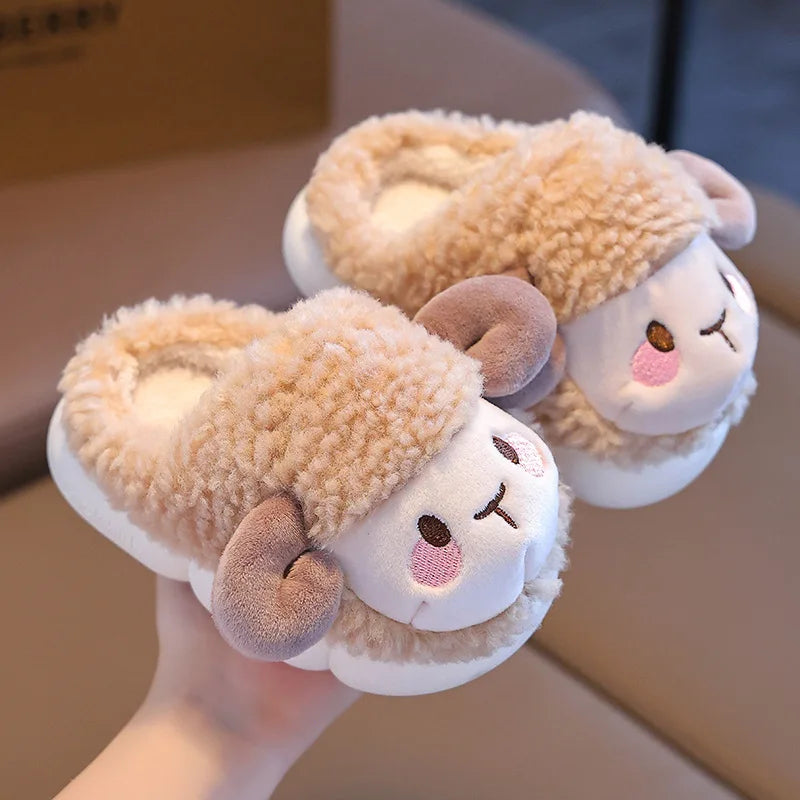 Camel open-back girls lamb plush slippers with curly sherpa