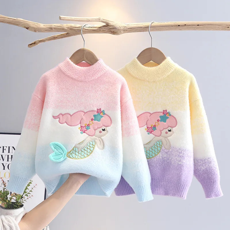 Girls mermaid princess knit sweaters in pastel ombre colors