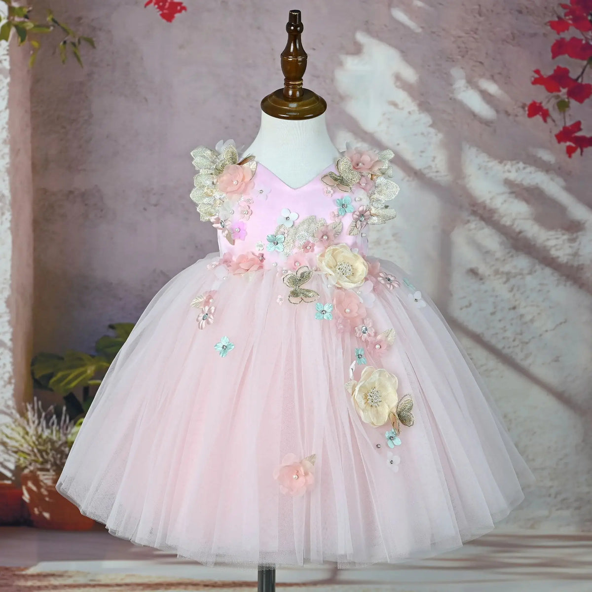 Girls pink V-neck tulle princess gown with large 3D flowers