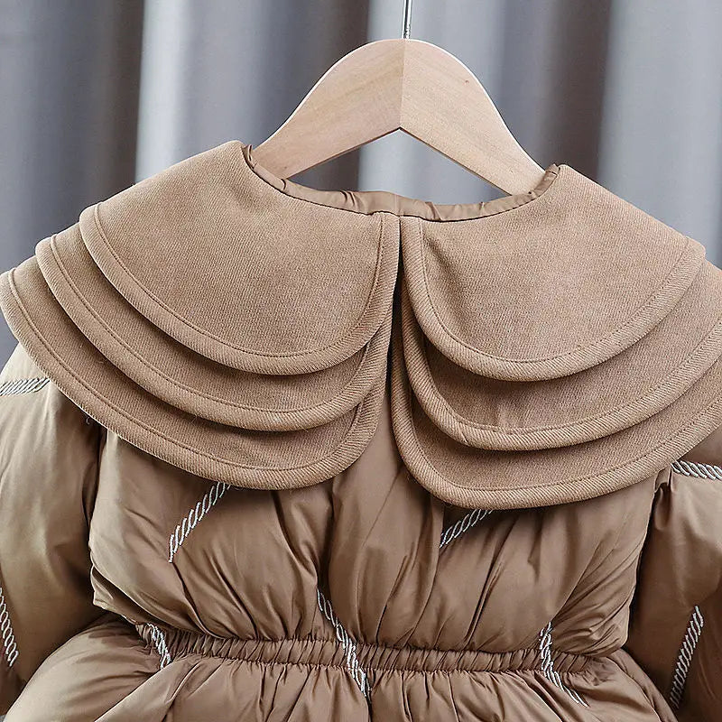 Elastic back waist and quilted padding on the camel girls puffer coat