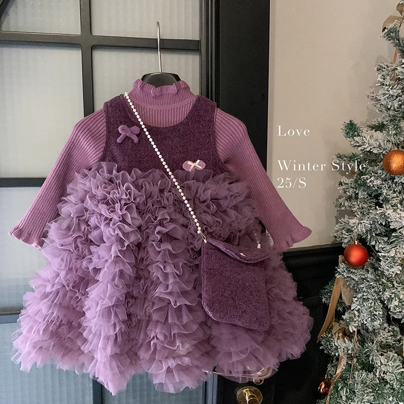 Girls purple Christmas tulle dress set by the tree