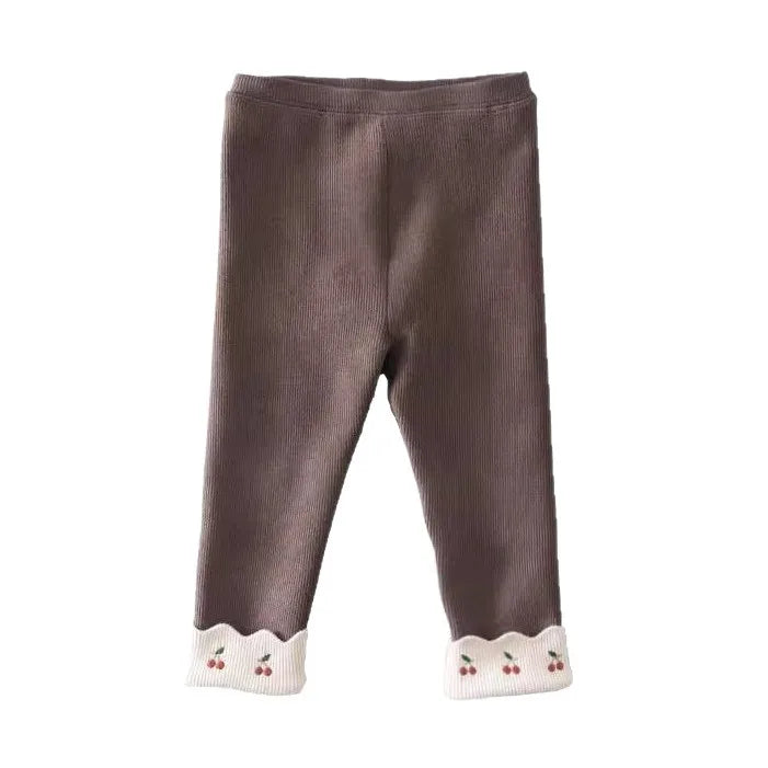 Mocha brown girls ribbed leggings with scalloped cream cuffs