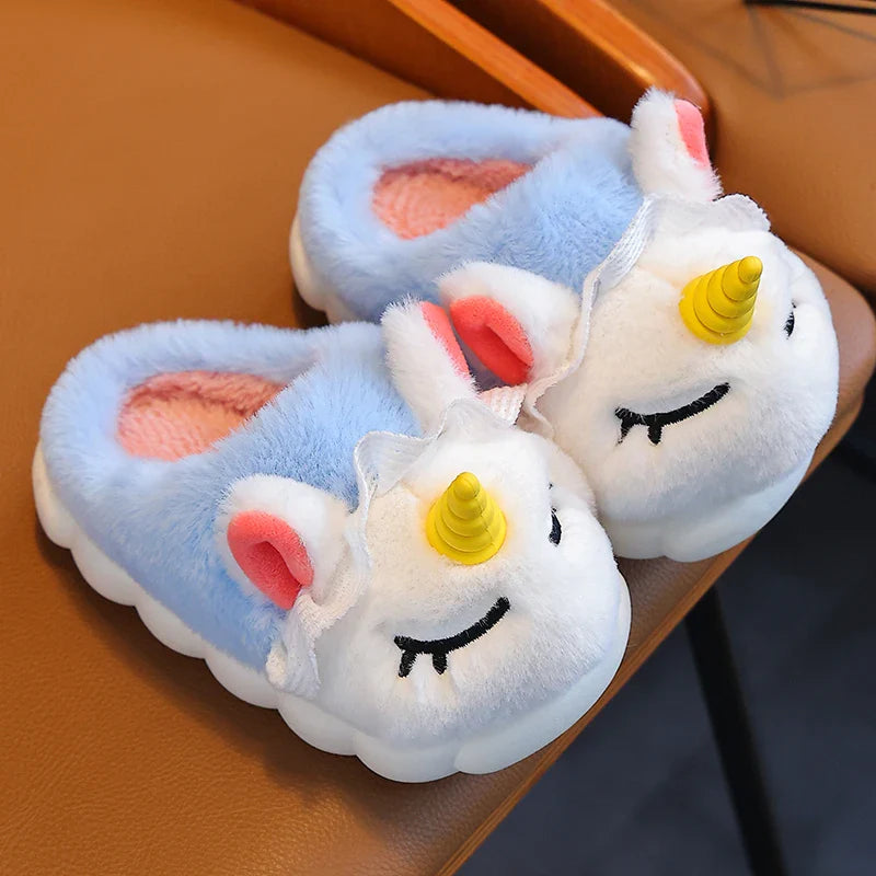Pair of sky blue unicorn cloud slippers with chunky cushioned sole