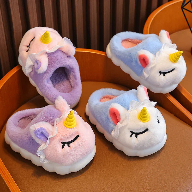 Unicorn plush slippers for girls in lavender and sky blue