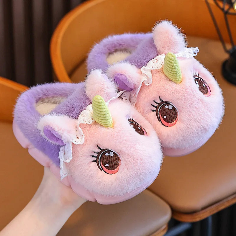Blush pink girls unicorn plush slippers with golden horn and lace ruffle