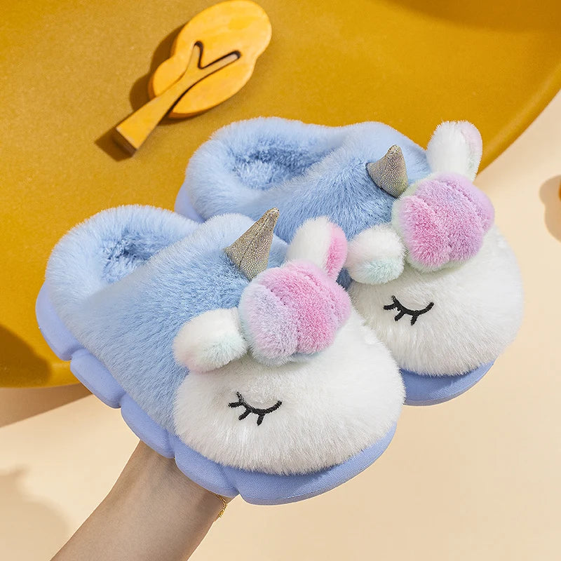 Sky blue fluffy unicorn slippers for girls with sleepy eyes and pastel mane