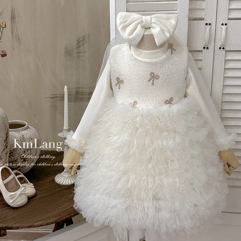 Ivory velvet and tulle holiday dress set for girls