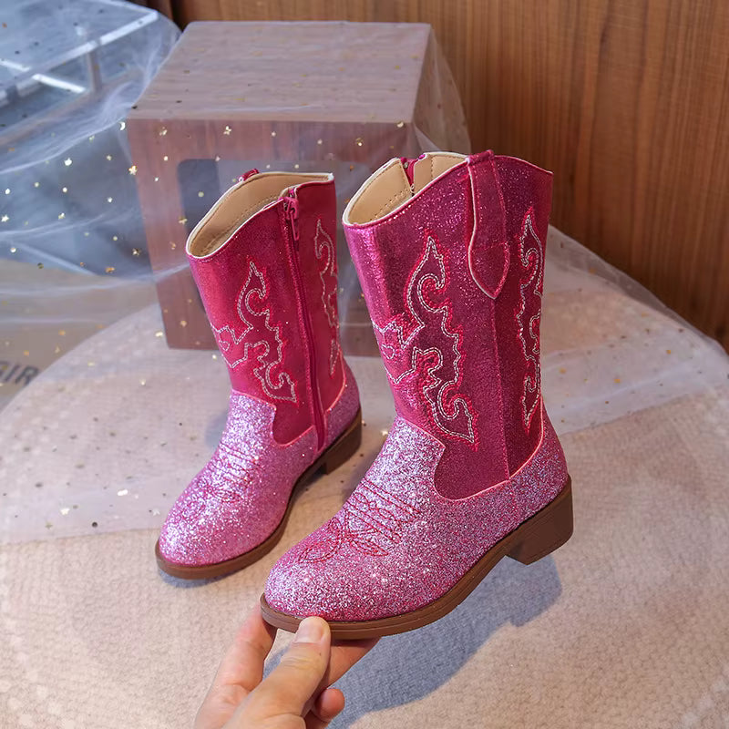 Navy glitter cowgirl boots for little girls with shimmering finish and slip-on style from Magic Tree Kids