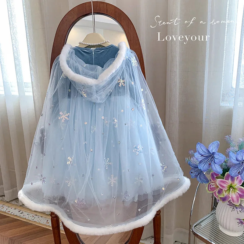 Ice Princess dress with cape for girls, detail view – Magic Tree Kids
