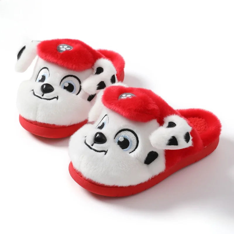 Red and white spotted kids 3D puppy plush slide slippers