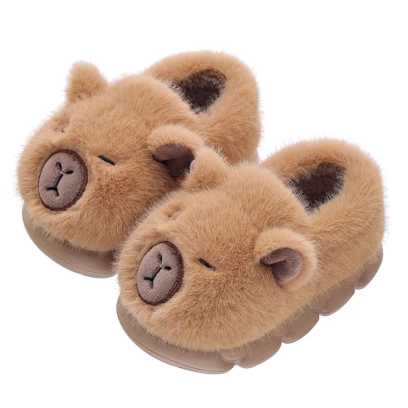 Capybara plush slippers for kids with round ears and chunky cushioned sole