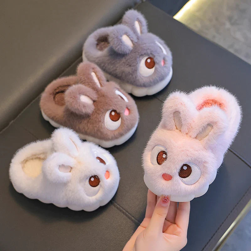 Kids fluffy bunny slippers in mocha brown, dove gray, cloud white and blush pink