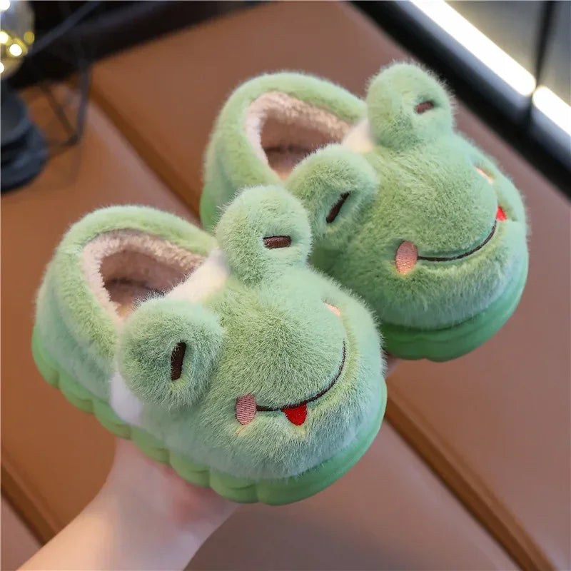 Pair of fluffy green frog cloud slippers for toddlers