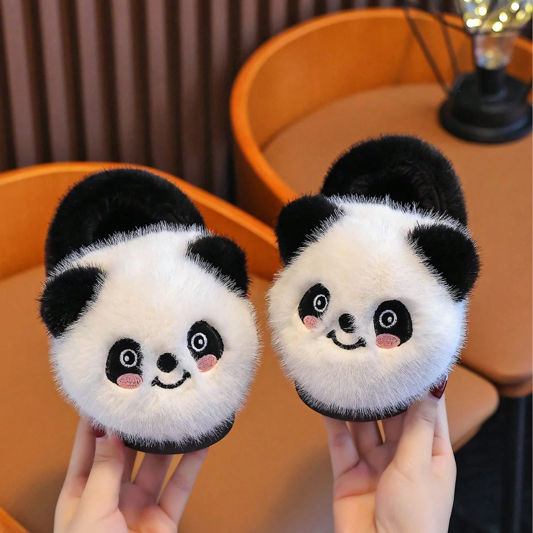 Kids fluffy panda plush slippers with smiling face and rosy cheeks