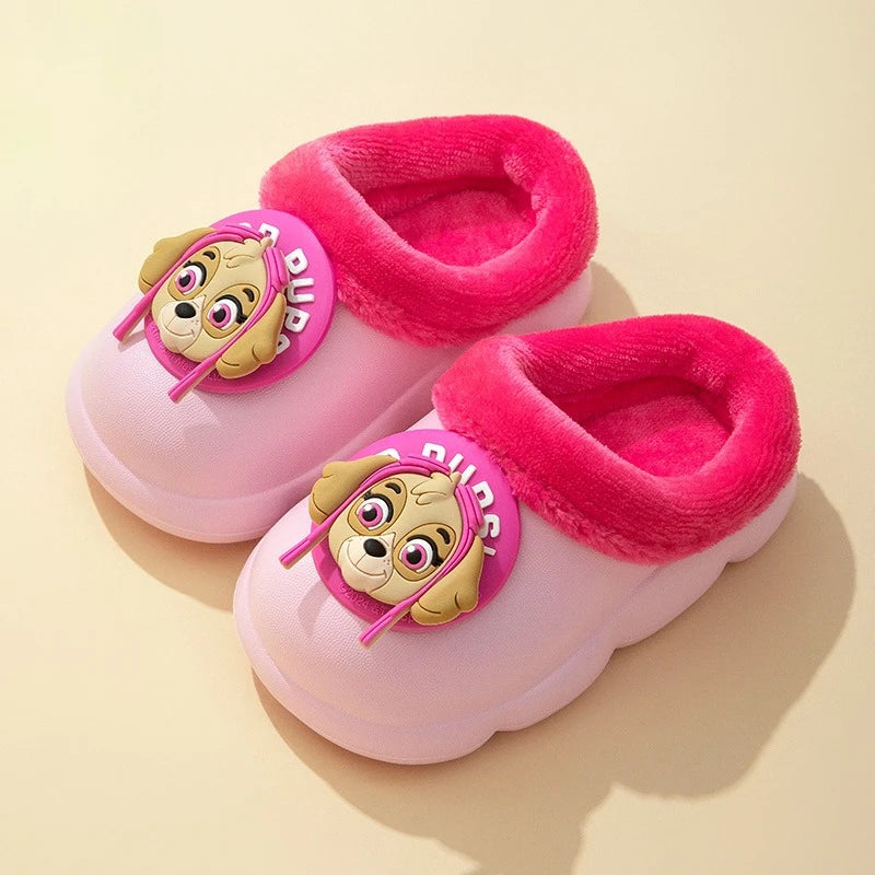 Pink kids clog slippers with hot pink plush lining and puppy badge