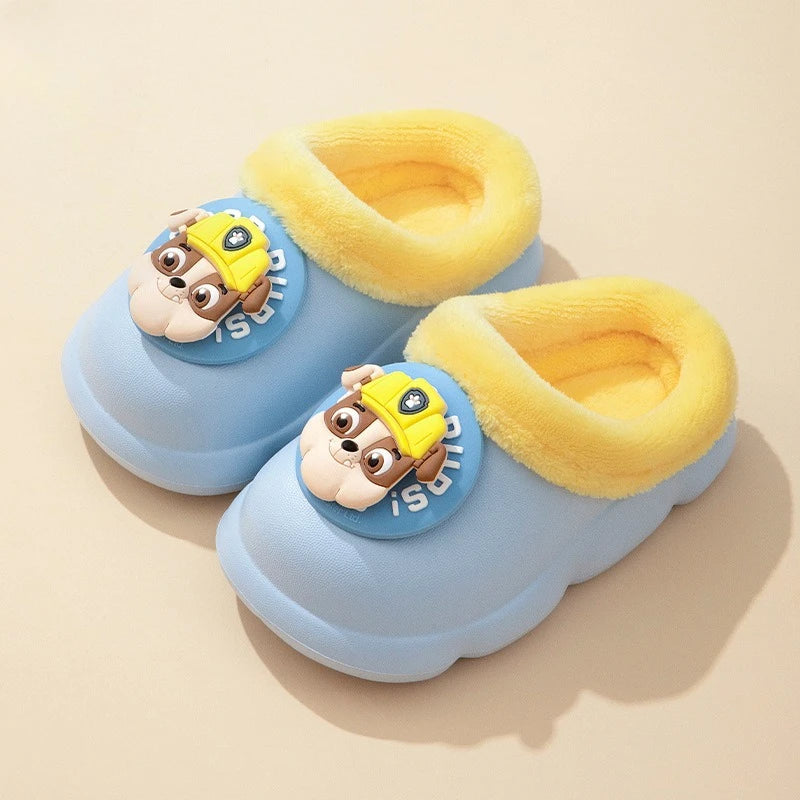 Sky blue kids clog slippers with yellow plush lining and puppy badge