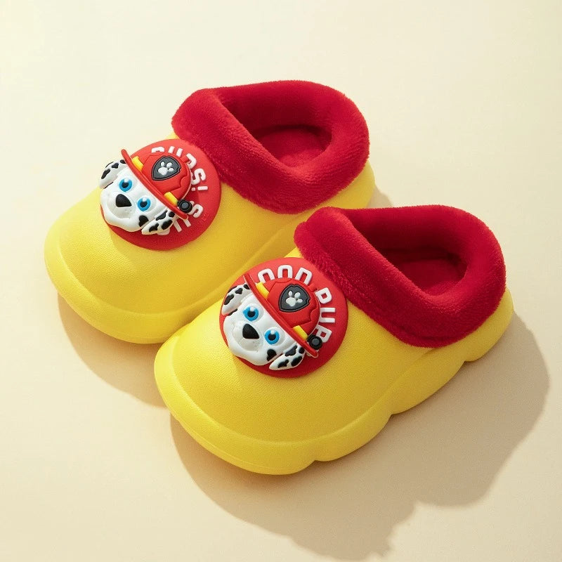Sunny yellow kids clog slippers with red plush lining and puppy badge