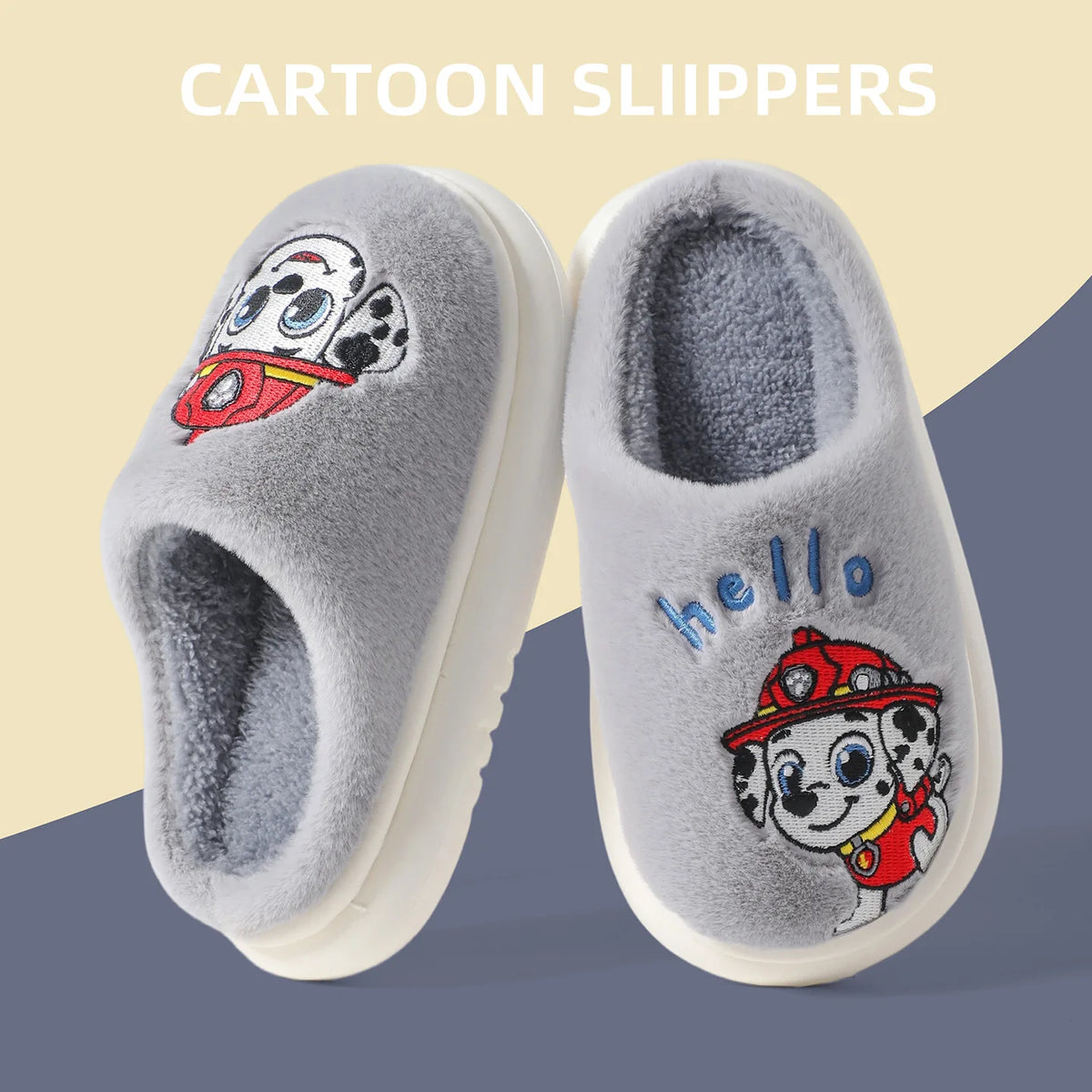 Gray kids plush slide slippers with embroidered cartoon puppy