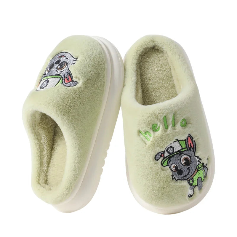 Sage green kids plush slide slippers with embroidered puppy and hello stitching