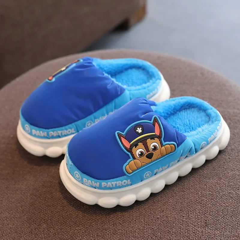 Blue kids puffer slide slippers with fleece lining and puppy patch