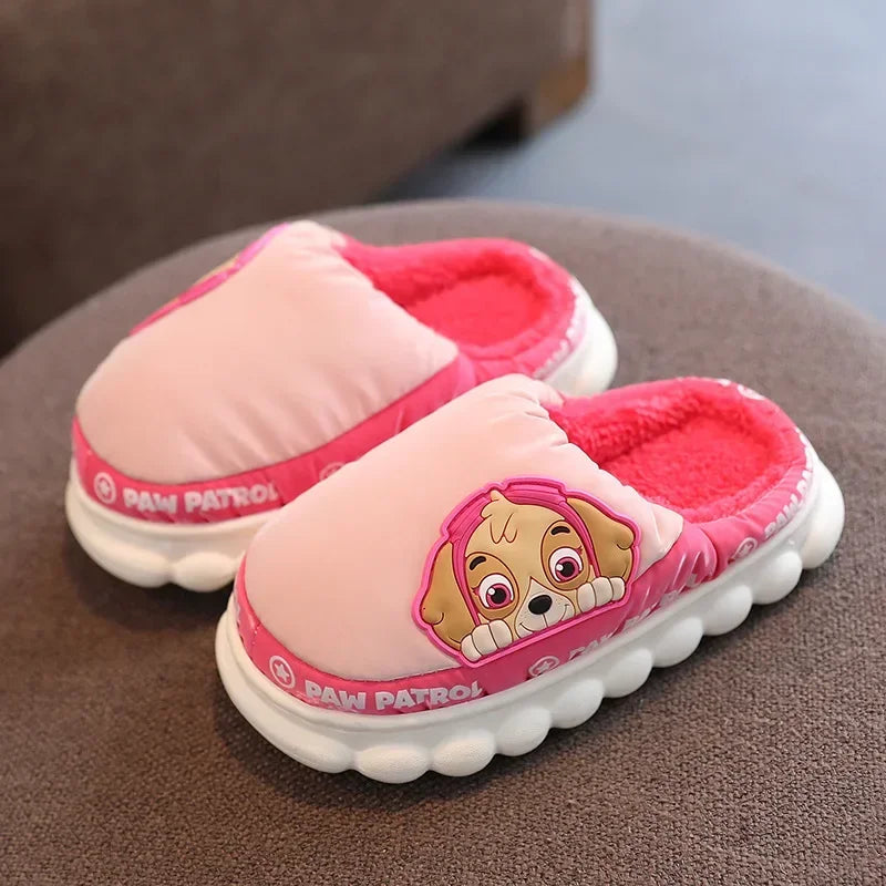 Pink kids puffer slide slippers with fleece lining and puppy patch