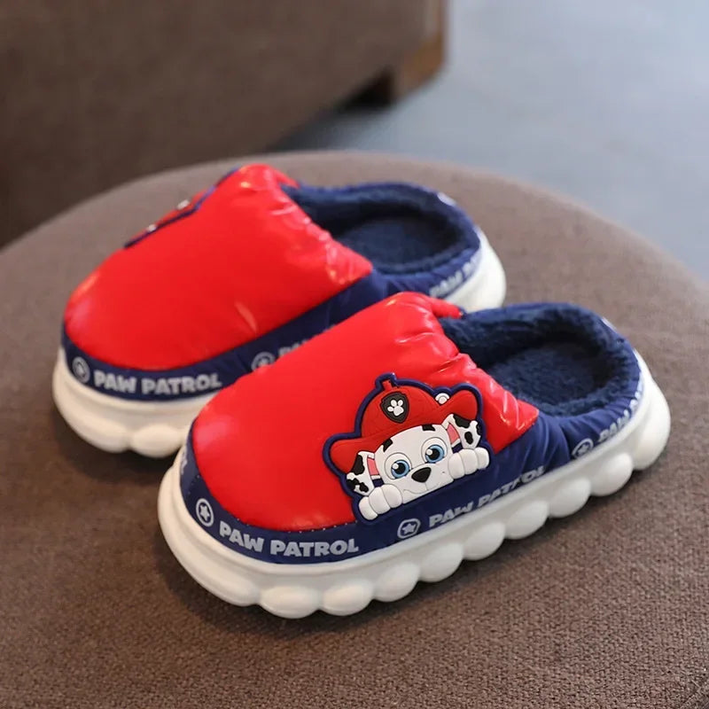 Red kids puffer slide slippers with fleece lining and puppy patch