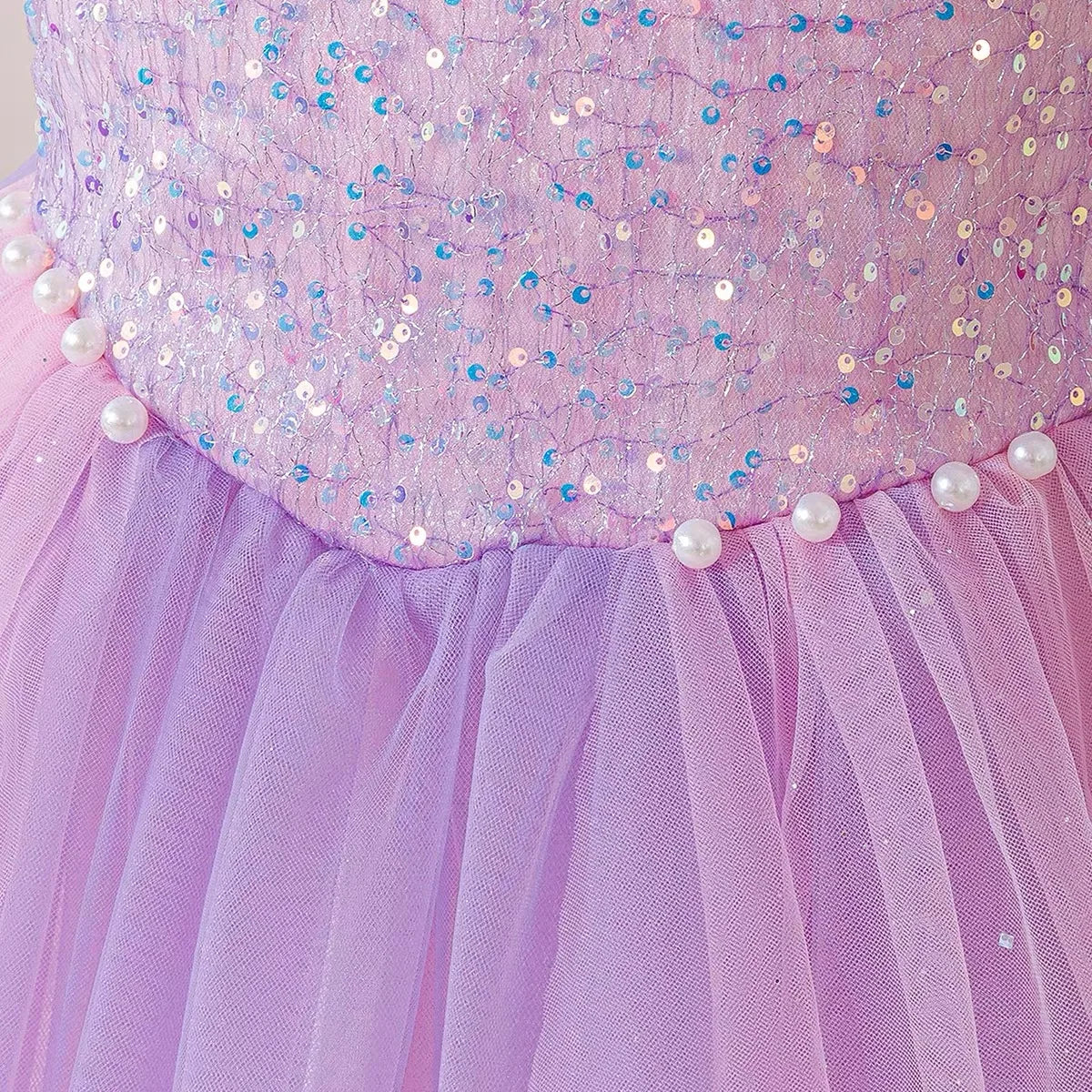 Full skirt view of lilac ball-gown princess dress for girls