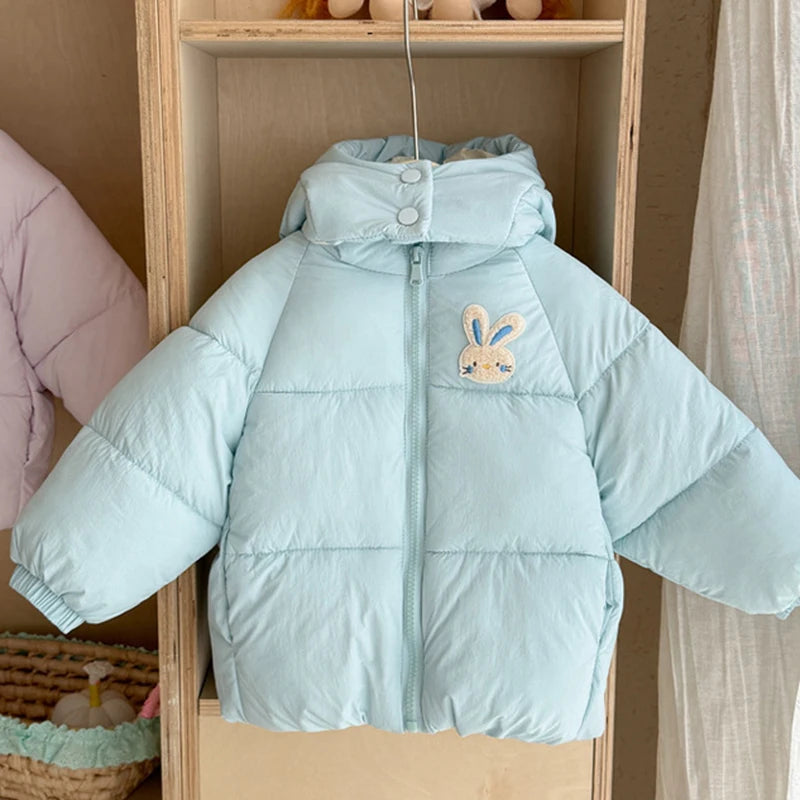 Pink padded hooded jacket with easy zipper closure for kids