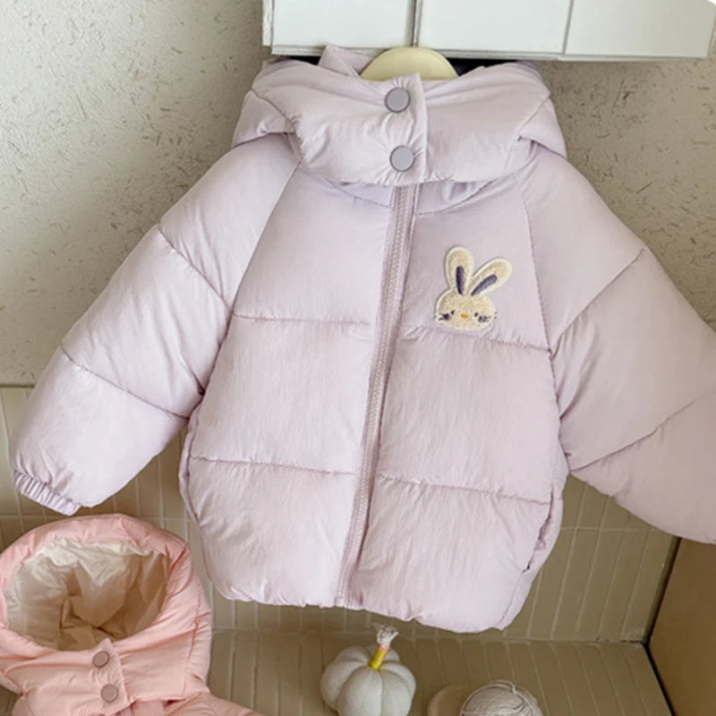 Cozy winter puffer jacket for little girls shown in pink, blue and purple
