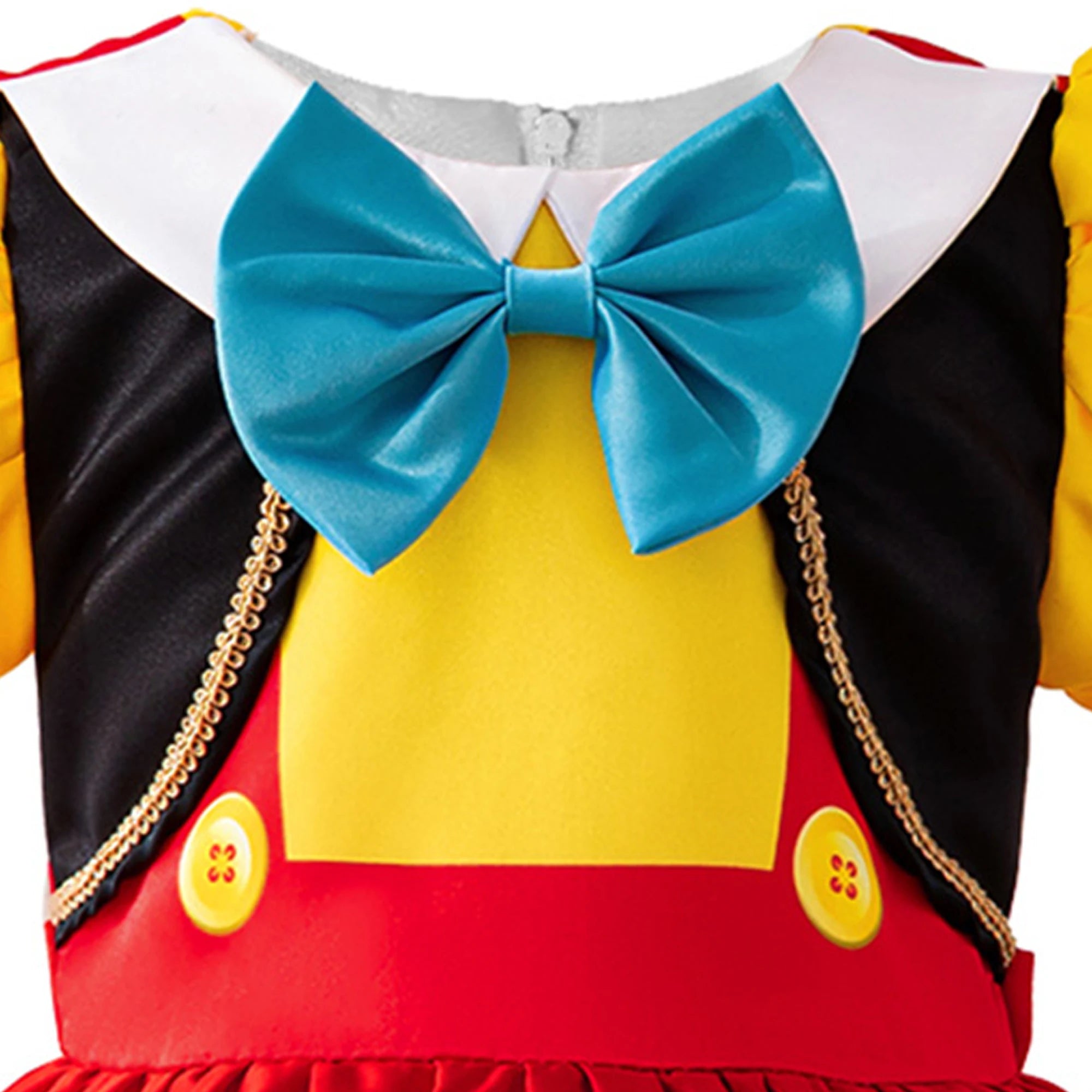 Detail of O-neckline and puff sleeves on the marionette storybook costume dress