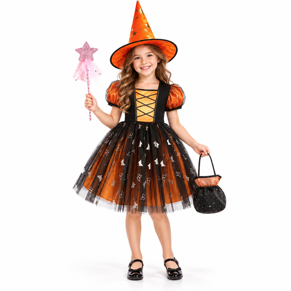 Little Pumpkin Witch orange puff-sleeve princess party dress by Magic Tree Kids