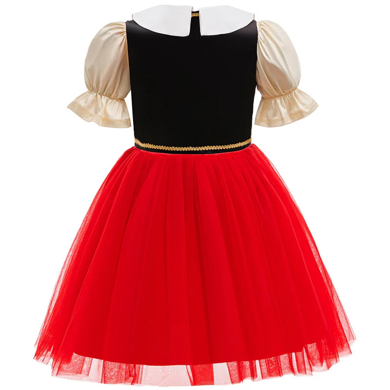 Close-up of red tulle skirt and layered vest of the puppet costume set