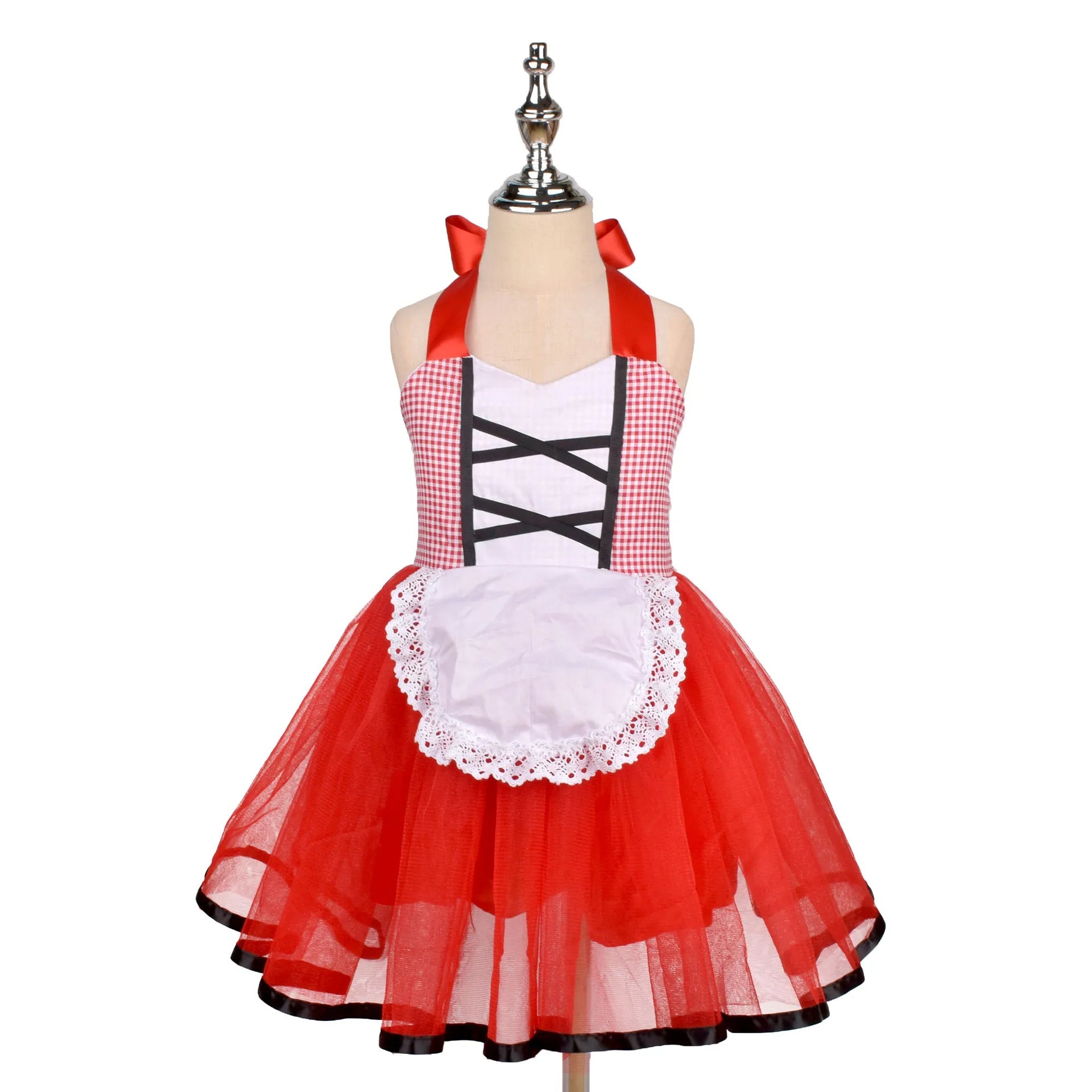Close-up of the red hood and dainty trims on the girls' costume dress