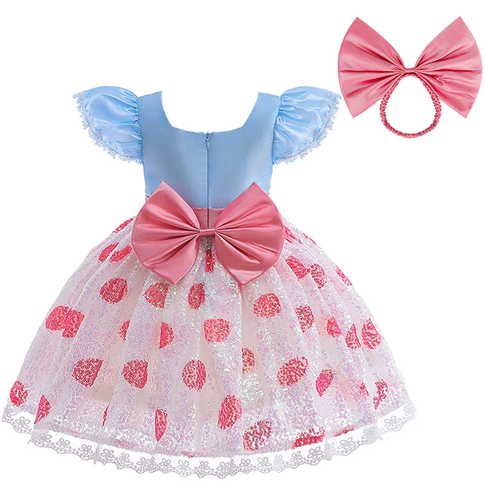 Girl wearing storybook shepherdess costume with playful twirl skirt