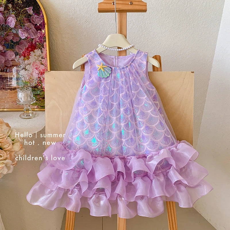 Sleeveless purple sequin mermaid princess dress with shimmering scale print