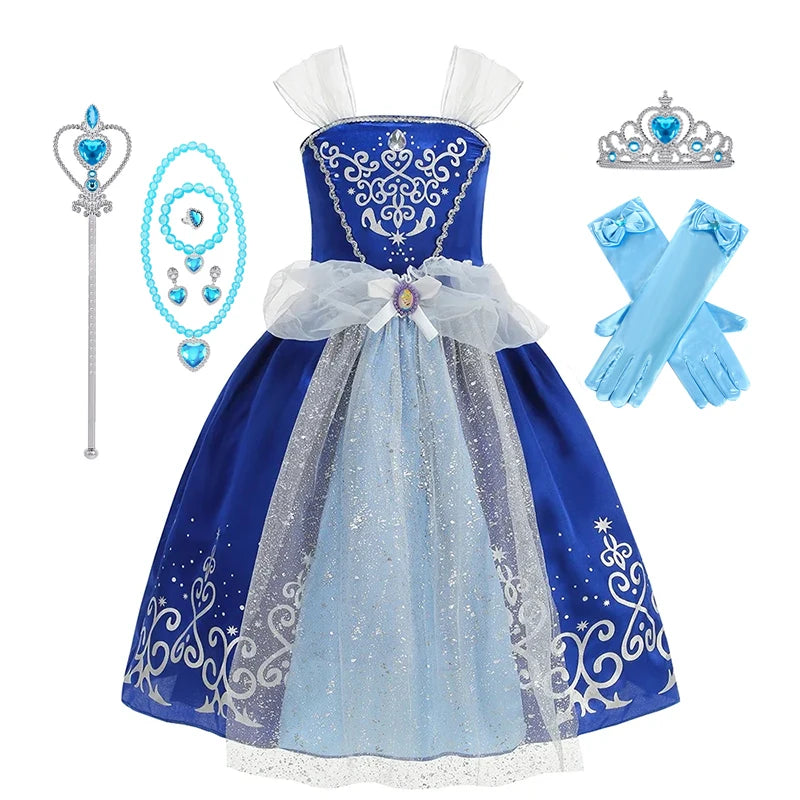 Girls' icy-blue princess ball gown with puff sleeves and sparkle from Magic Tree Kids