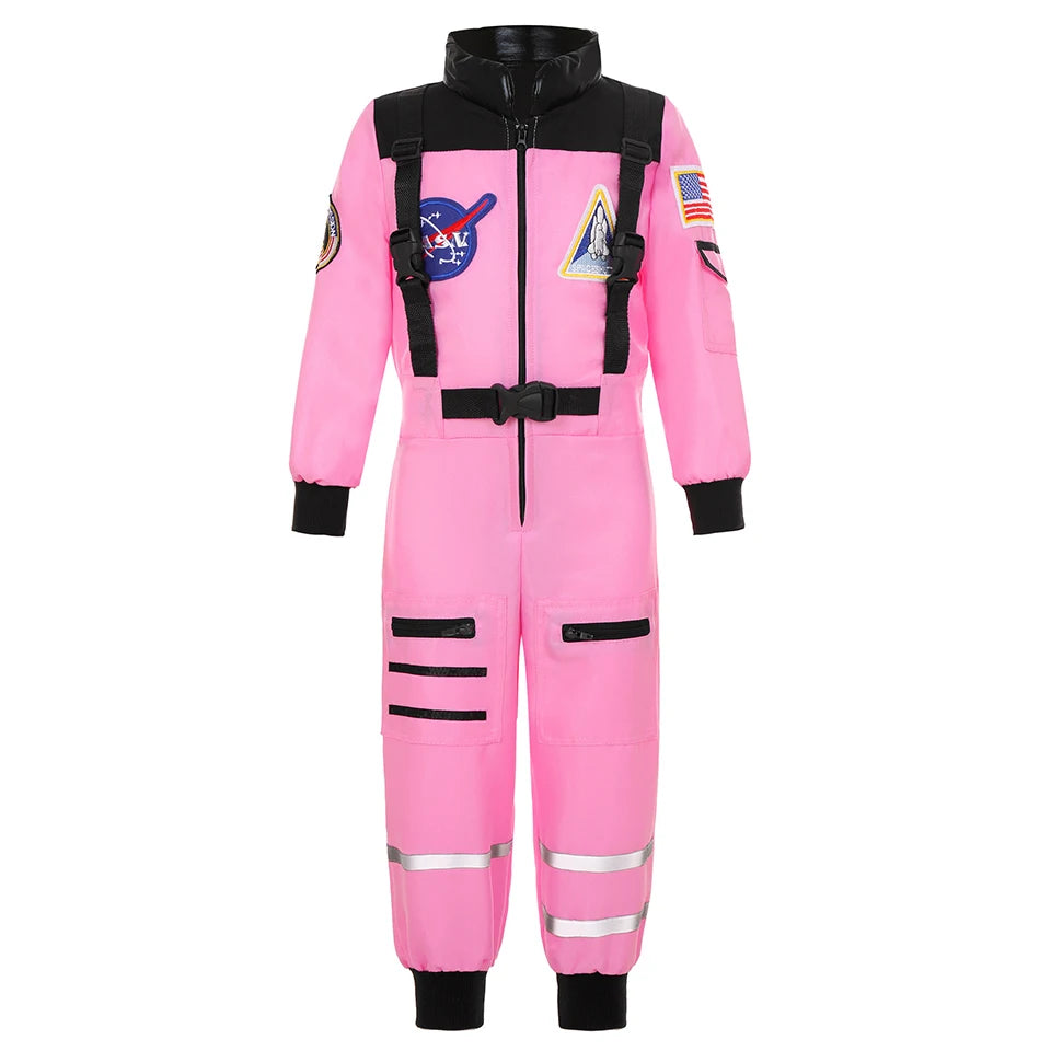 Pink full-body astronaut jumpsuit costume for girls with decorative space patches