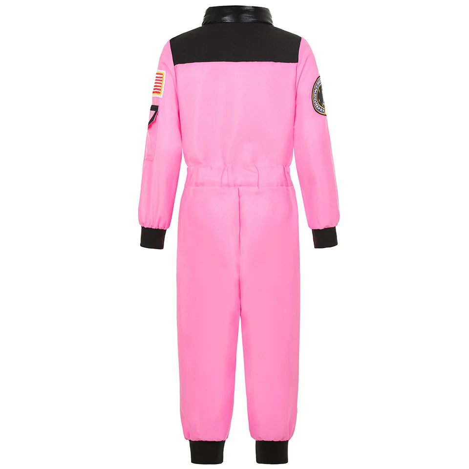 Girls' pink space pilot costume with adjustable shoulder straps and accent stripes