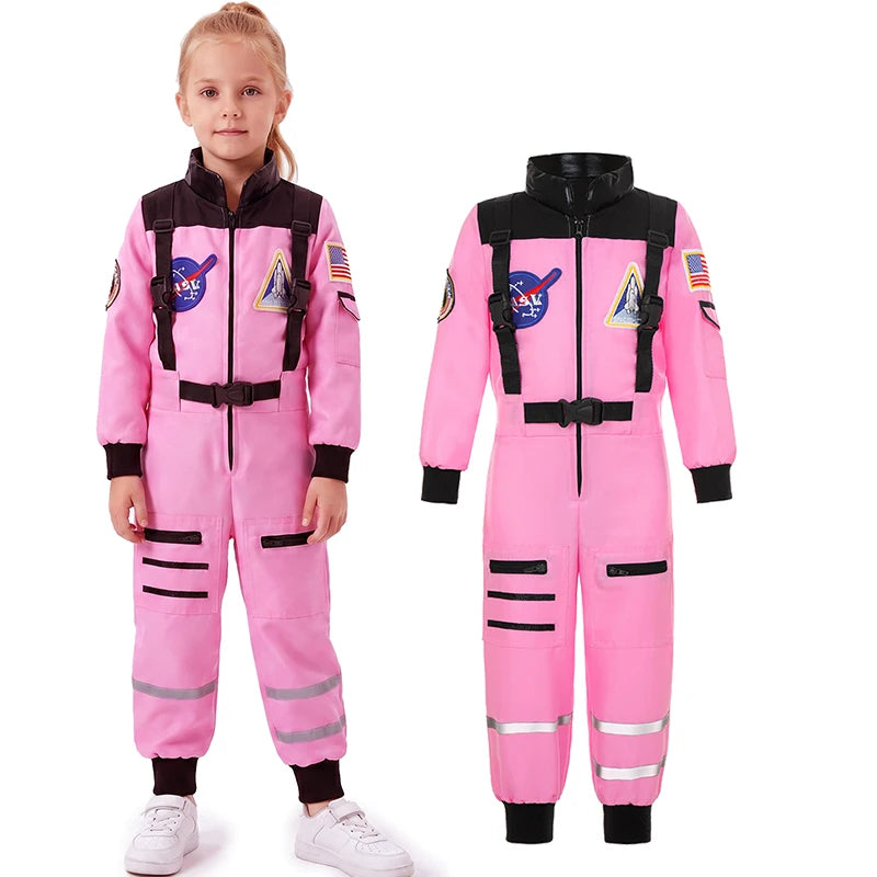 Girl posing in pink astronaut cosplay costume by Magic Tree Kids