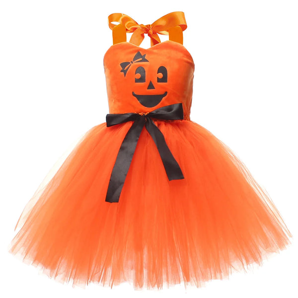Pumpkin witch tutu dress in orange tulle by Magic Tree Kids for Halloween
