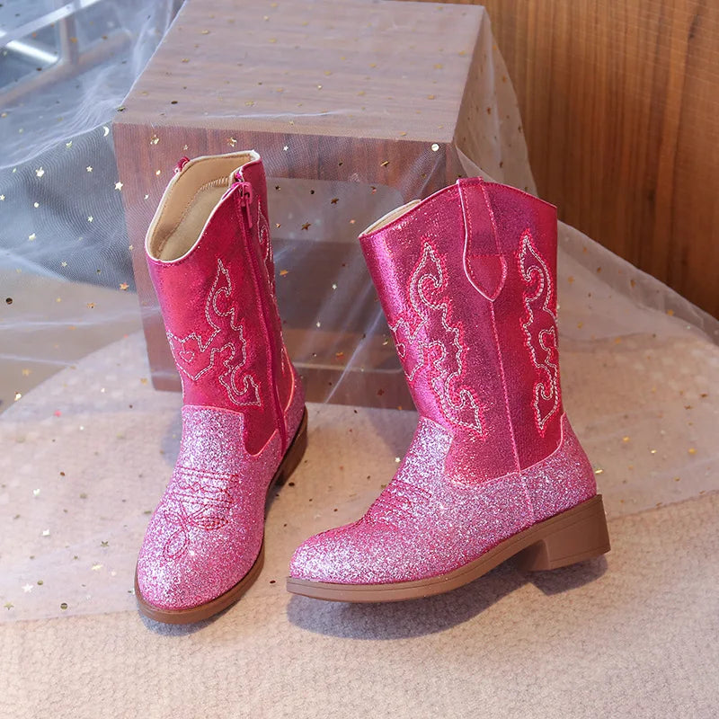 Girls' slip-on cowgirl boots with low heel and shimmering pink finish